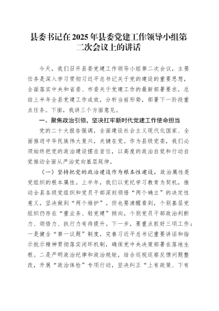 县委书记在2025年县委党建工作领导小组第二次会议上的讲话