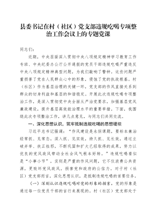 县委书记在村（社区）党支部违规吃喝专项整治工作会议上的专题党课