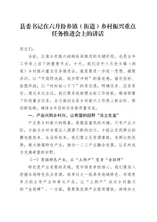 县委书记在六月份乡镇街道（街道）乡村振兴重点任务推进会上的讲话