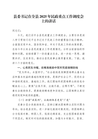 县委书记在全县2025年民政重点工作调度会上的讲话