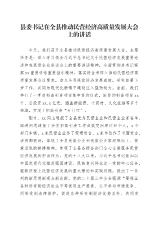 县委书记在全县推动民营经济高质量发展大会上的讲话