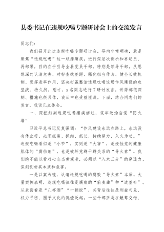 县委书记在违规吃喝专题研讨会上的交流发言