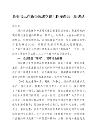 县委书记在新兴领域党建工作座谈会上的讲话