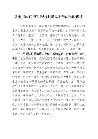 县委书记在与新任职干部集体谈话时的讲话