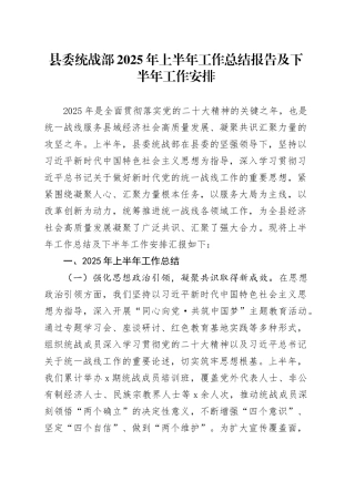 县委统战部2025年上半年工作总结报告及下半年工作安排