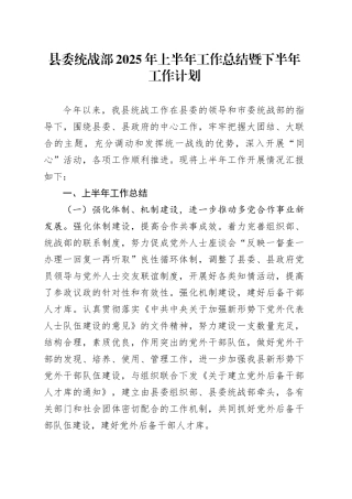 县委统战部2025年上半年工作总结暨下半年工作计划