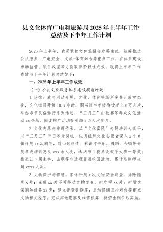 县文化体育广电和旅游局2025年上半年工作总结及下半年工作计划
