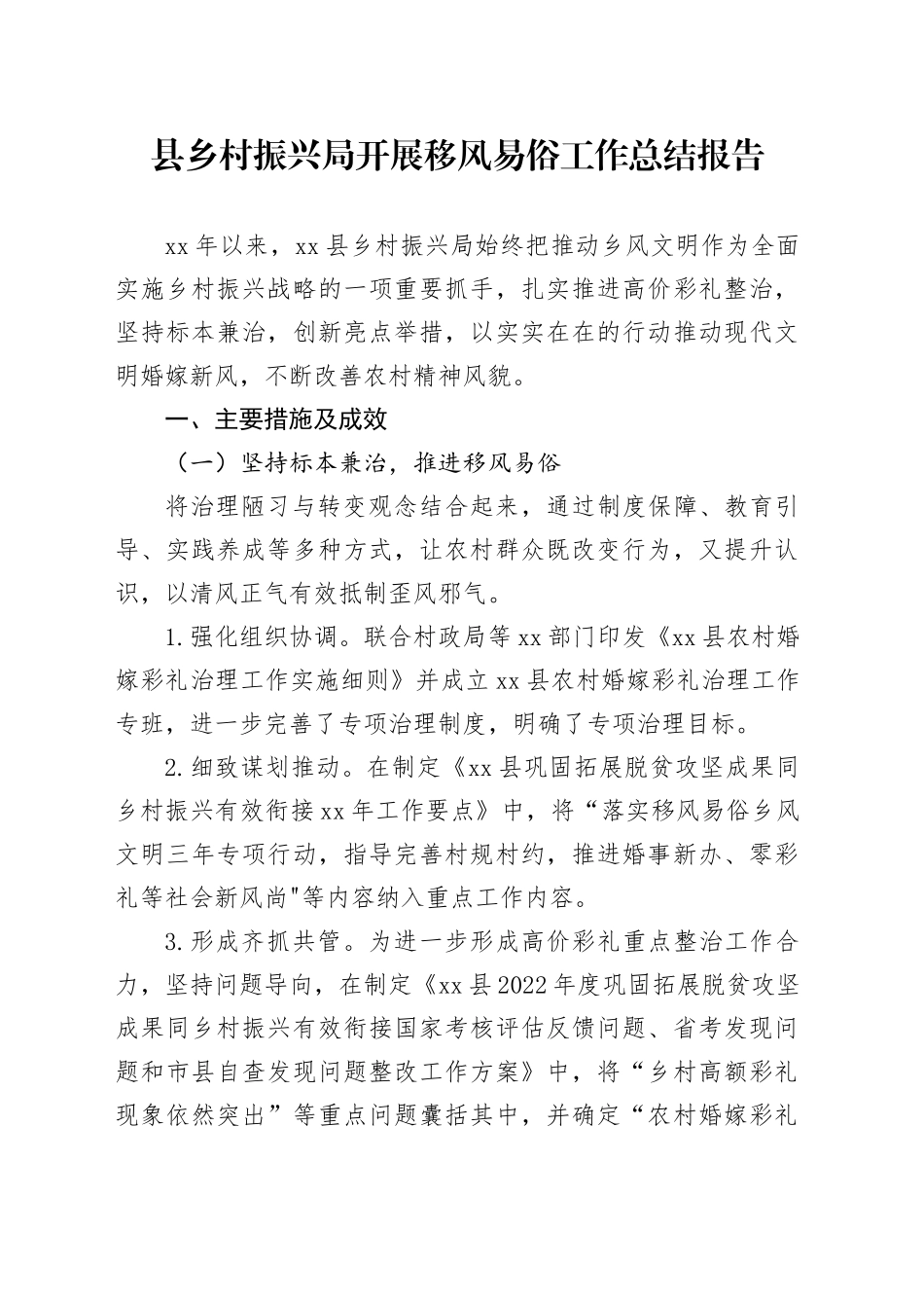 县乡村振兴局开展移风易俗工作总结报告_第1页