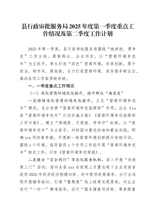 县行政审批服务局2025年度第一季度重点工作情况及第二季度工作计划