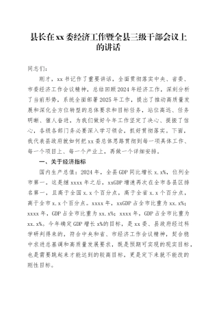 县长在xx委经济工作暨全县三级干部会议上的讲话