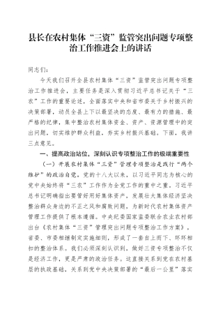 县长在农村集体“三资”监管突出问题专项整治工作推进会上的讲话