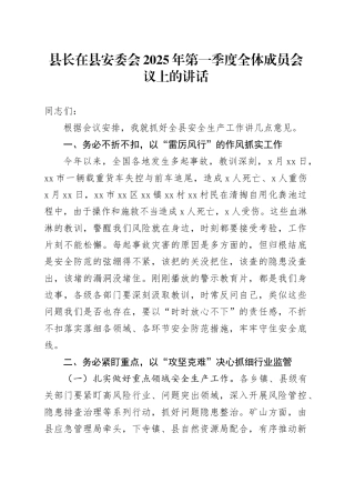 县长在县安委会2025年第一季度全体成员会议上的讲话