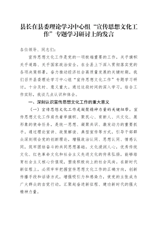 县长在县委理论学习中心组“宣传思想文化工作”专题学习研讨上的发言