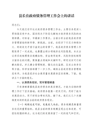 县长在政府债务管理工作会上的讲话