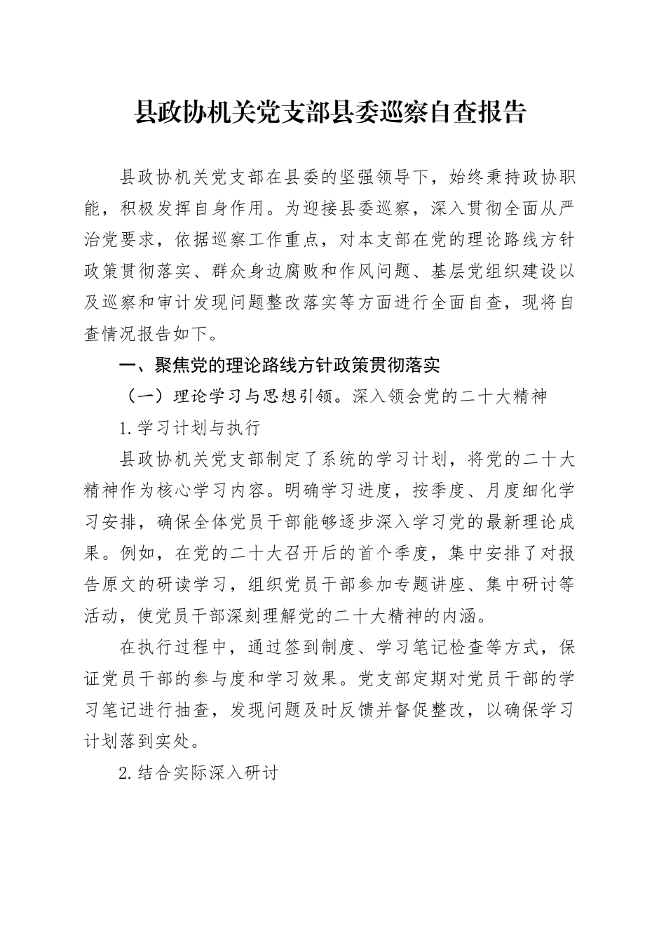 县政协机关党支部县委巡察自查报告_第1页