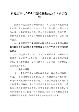 乡党委书记2024年度民主生活会个人发言提纲