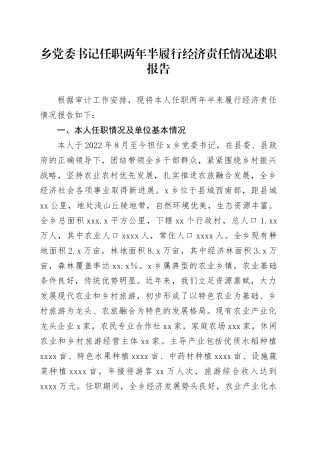 乡党委书记任职两年半履行经济责任情况述职报告