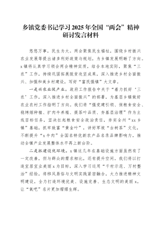乡镇街道党委书记学习2025年全国“两会”精神研讨发言材料20250319