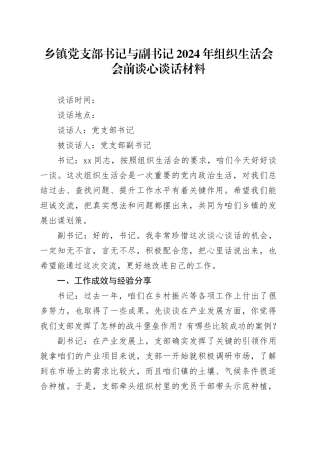 乡镇街道党支部书记与副书记2024年组织生活会会前谈心谈话材料