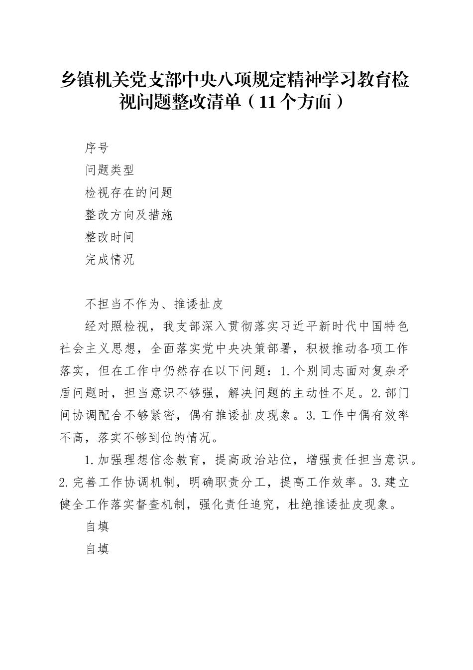 乡镇街道机关党支部中央八项规定精神学习教育检视问题整改清单表格（11个方面）20250418_第1页