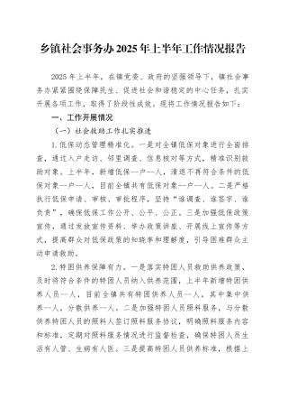 乡镇街道社会事务办2025年上半年工作情况报告