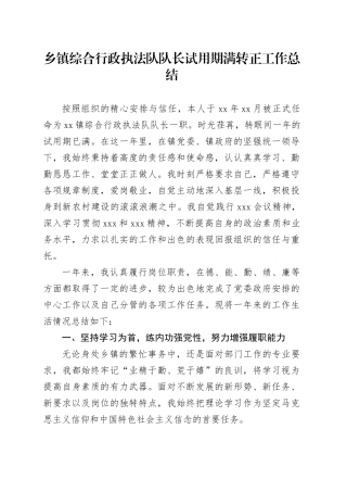 乡镇街道综合行政执法队队长试用期满转正工作总结