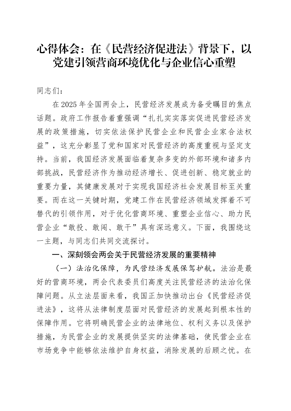 心得体会：在《民营经济促进法》背景下，以党建引领营商环境优化与企业信心重塑_第1页