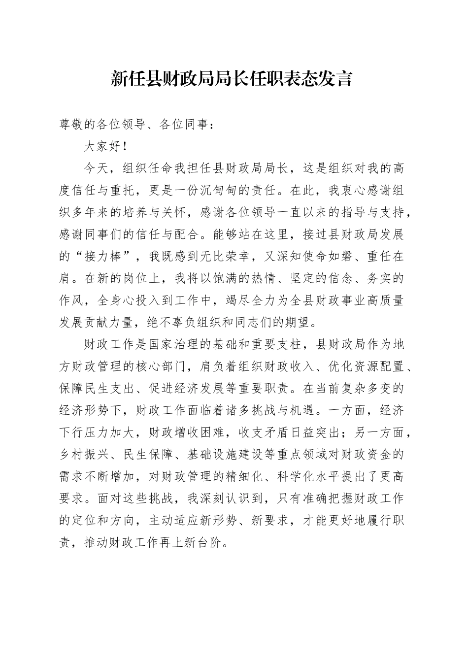 新任县财政局局长任职表态发言_第1页