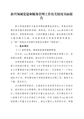 新兴领域党建和服务管理工作有关情况书面报告