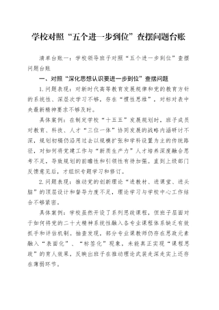 学校对照“五个进一步到位”查摆问题台账