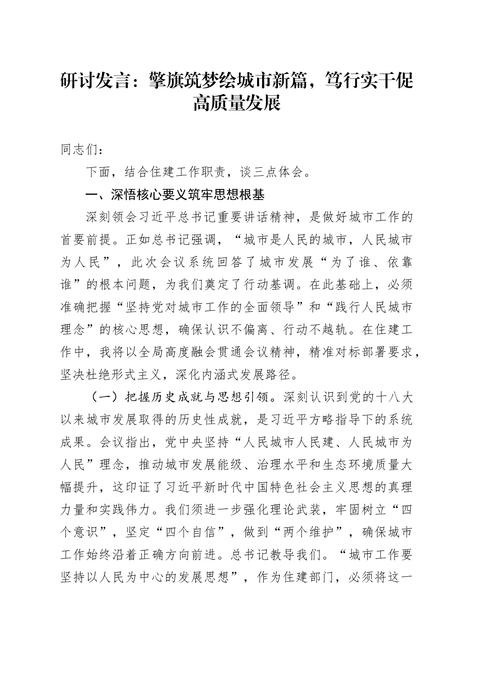 研讨发言：擎旗筑梦绘城市新篇，笃行实干促高质量发展_第1页
