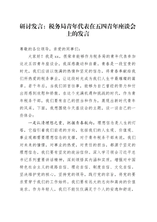 研讨发言：税务局青年代表在五四青年座谈会上的发言