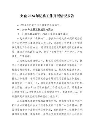 央企2024年纪委工作开展情况报告