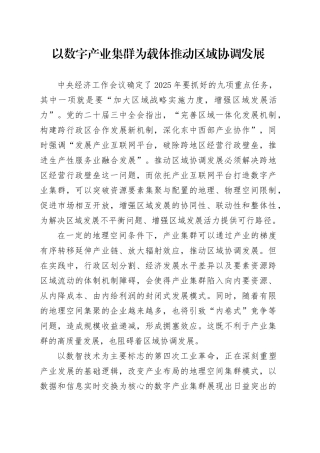 以数字产业集群为载体推动区域协调发展