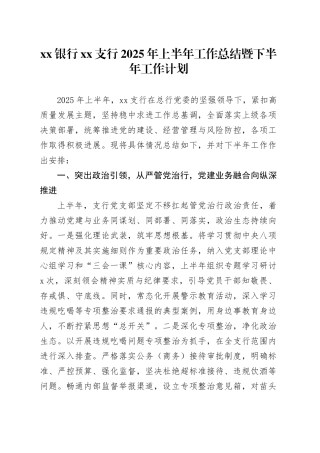 银行XX支行2025年上半年工作总结暨下半年工作计划