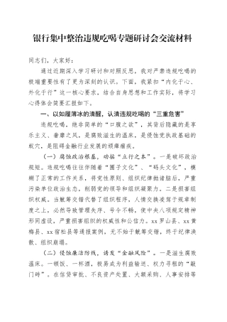 银行集中整治违规吃喝专题研讨会交流材料