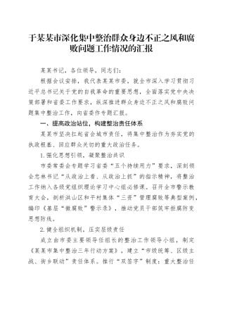 于某某市深化集中整治群众身边不正之风和腐败问题工作情况的汇报