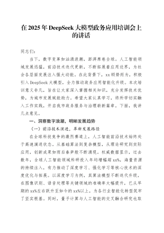 在2025年DeepSeek大模型政务应用培训会上的讲话