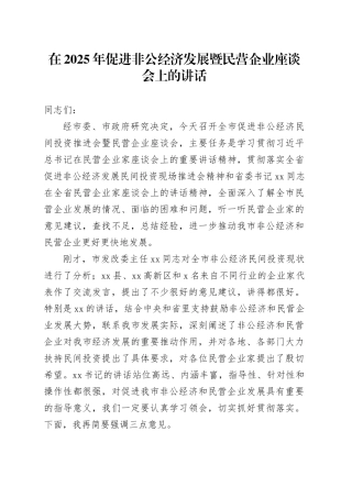 在2025年促进非公经济发展暨民营企业座谈会上的讲话