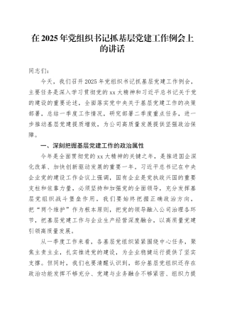 在2025年党组织书记抓基层党建工作例会上的讲话