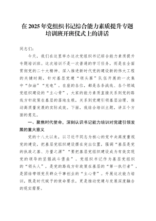 在2025年党组织书记综合能力素质提升专题培训班开班仪式上的讲话