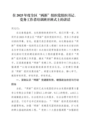 在2025年度全区“两新”组织党组织书记、党务工作者培训班开班式上的讲话