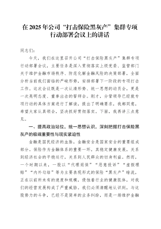 在2025年公司“打击保险黑灰产”集群专项行动部署会议上的讲话