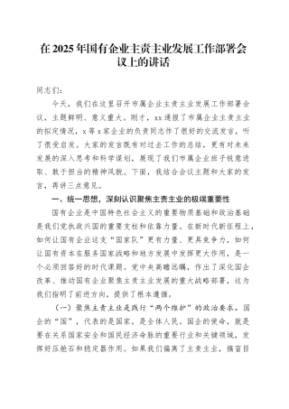 在2025年国有企业主责主业发展工作部署会议上的讲话