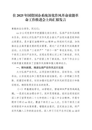 在2025年国资国企系统深化作风革命效能革命工作推进会上的汇报发言