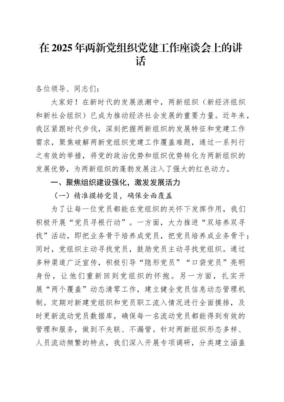 在2025年两新党组织党建工作座谈会上的讲话_第1页