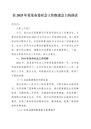 在2025年某某市委社会工作推进会上的讲话