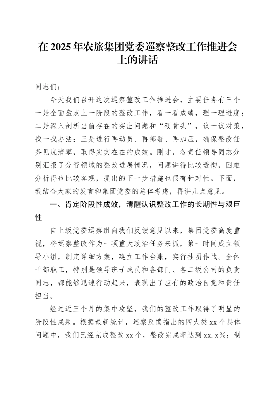 在2025年农旅集团党委巡察整改工作推进会上的讲话_第1页