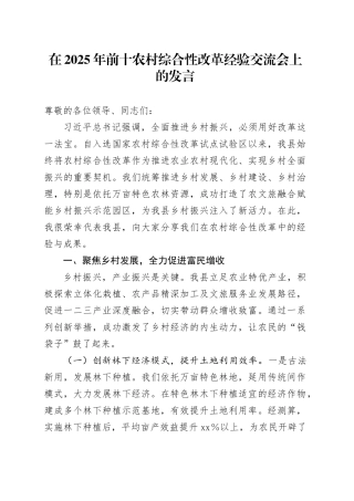 在2025年前十农村综合性改革经验交流会上的发言