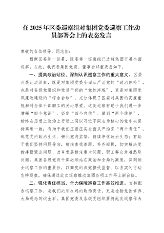 在2025年区委巡察组对集团党委巡察工作动员部署会上的表态发言